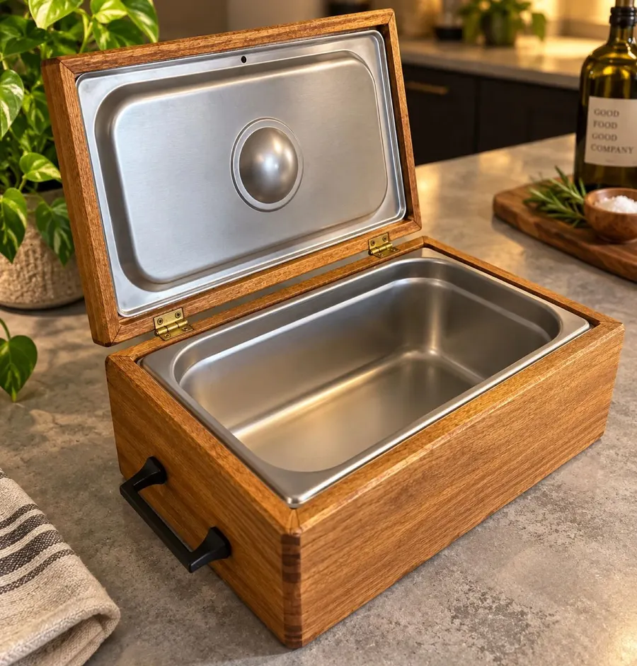 Open wood serving box showing the stainless steel interior trays
