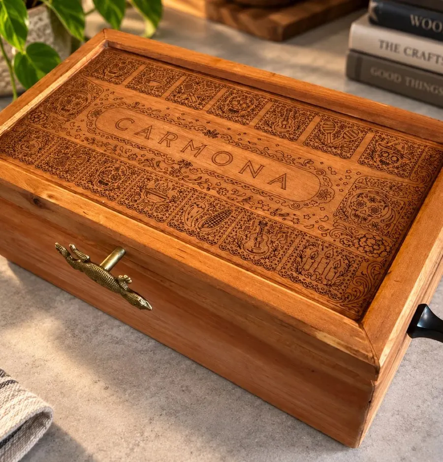 Carmona personalized wood box with an engraved celebration design
