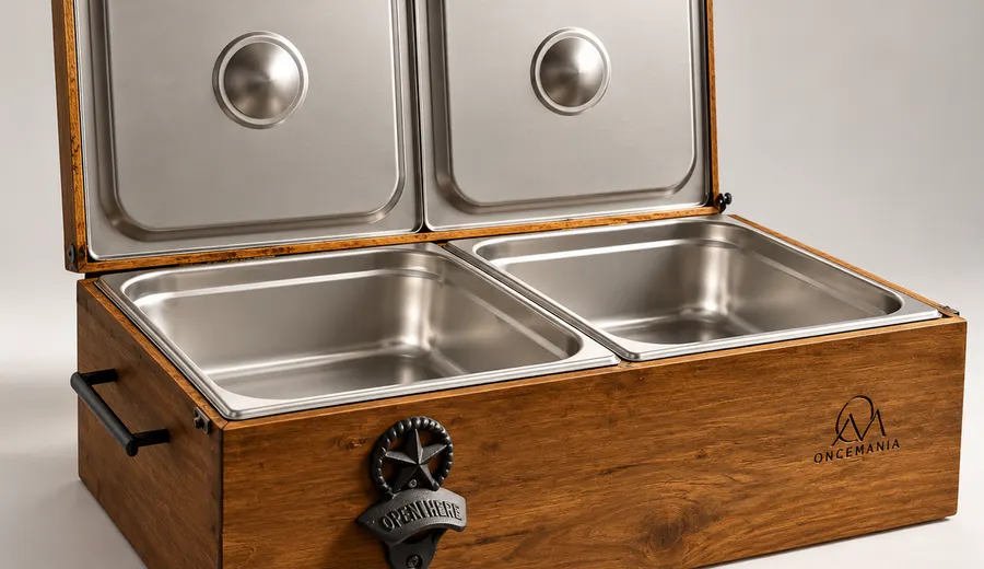 The Twenty — open wood box showing the stainless steel tray