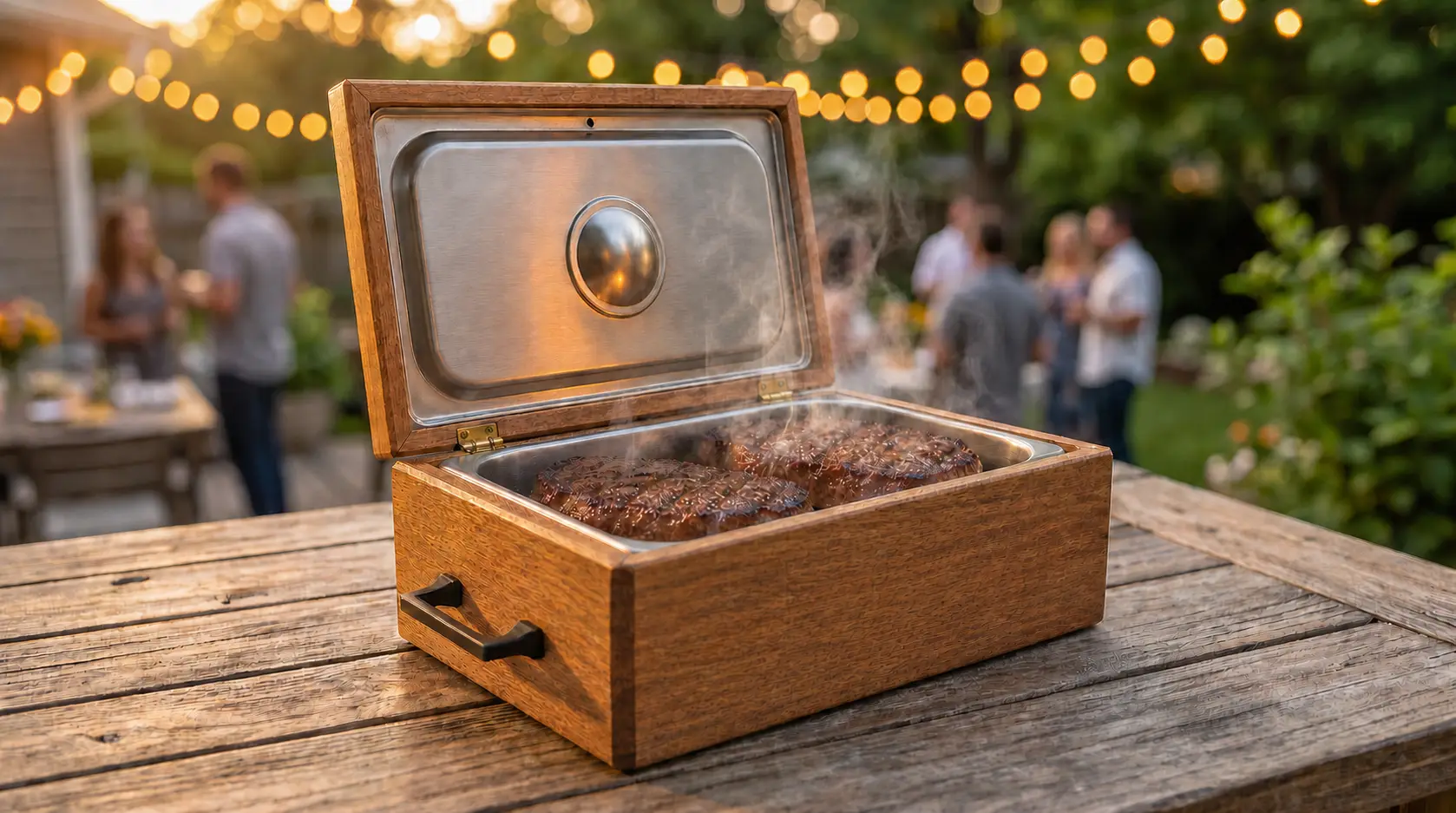 An open wood serving box with the stainless steel tray full of grilled steaks at a backyard gathering
