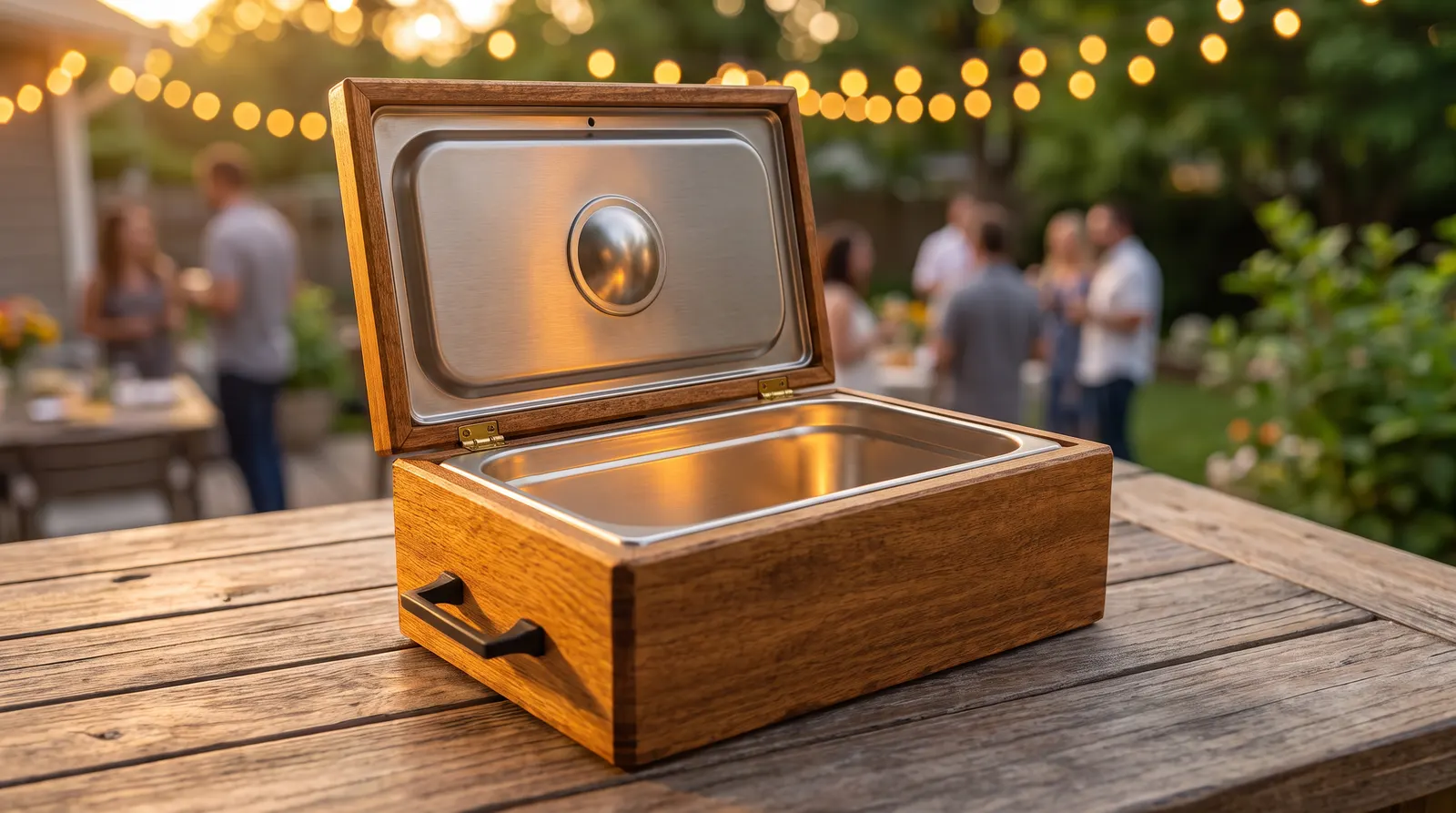 The box open on a wooden table, showing the stainless steel tray and the brass hinges