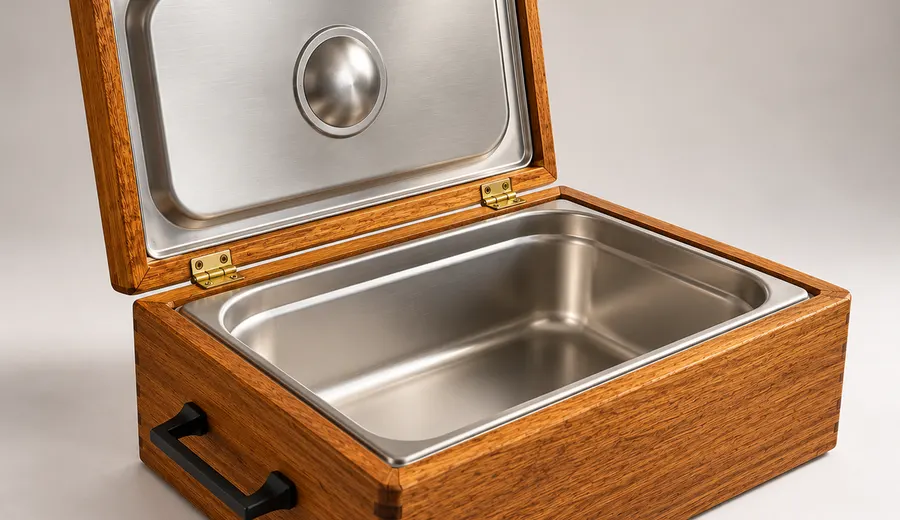 The Six — a plain wood serving box with black cast handles