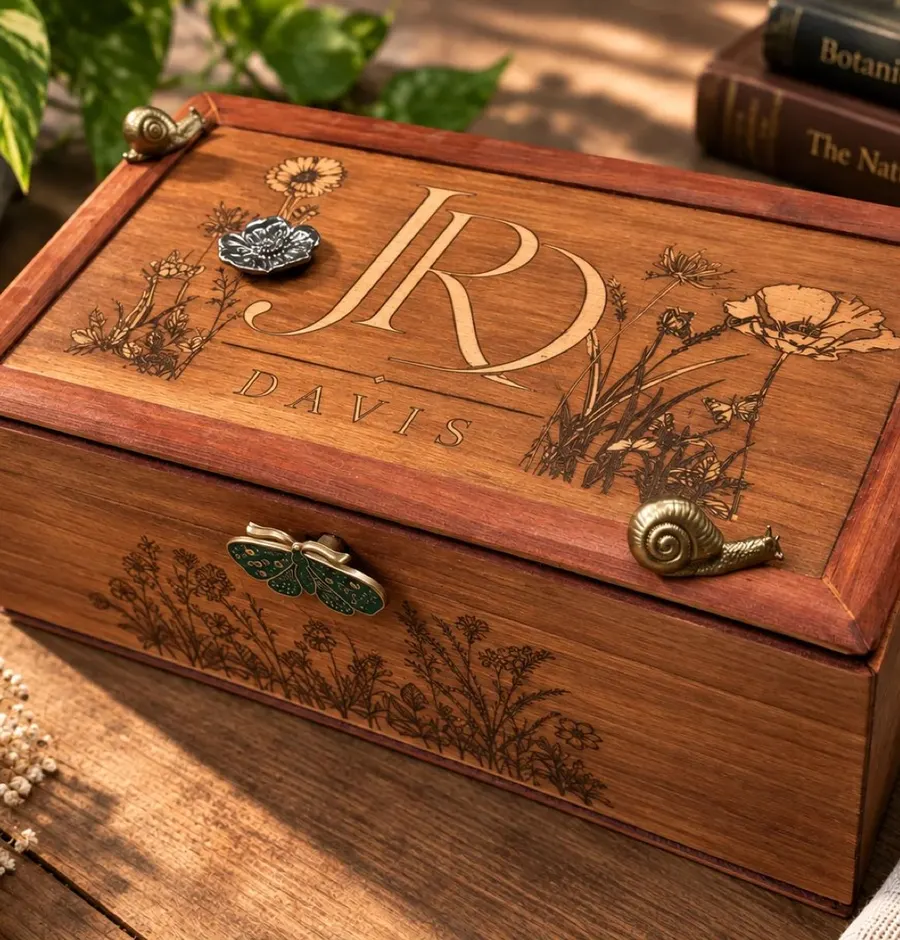 Davis personalized wood box with engraved flowers and decorative hardware