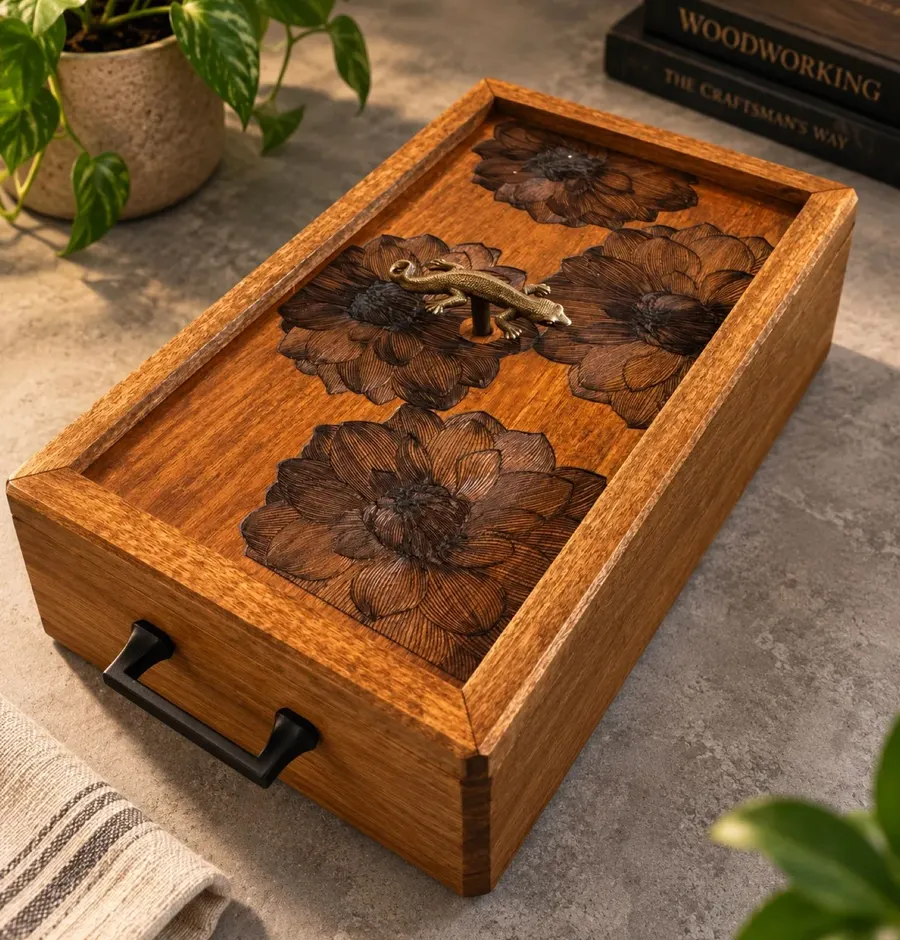 Wood serving box with large engraved flowers and custom lizard handle