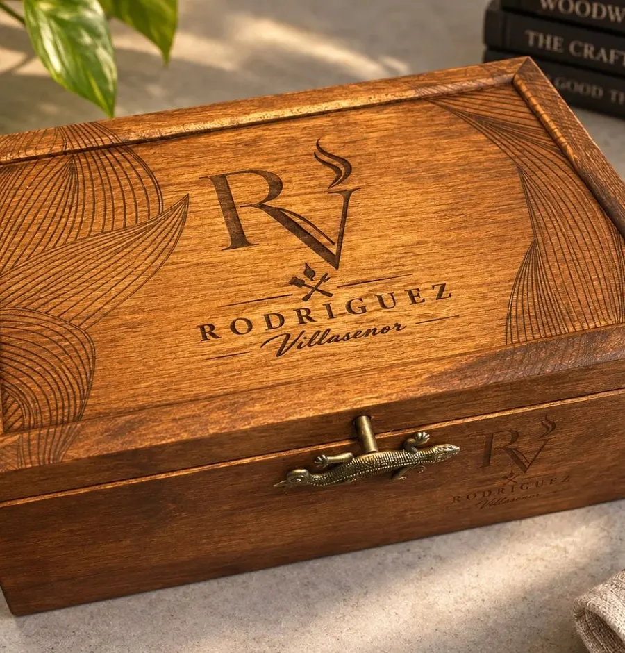 Rodriguez personalized wood box with engraved leaves and family logo